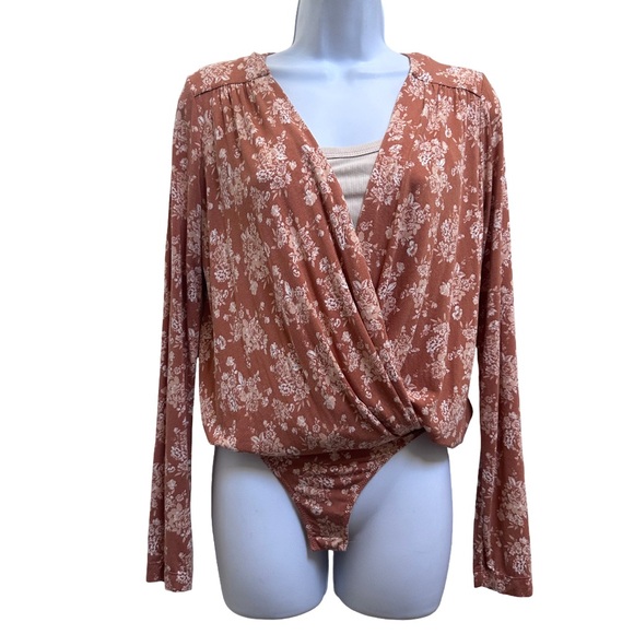 Free People Turnt Wrap Bodysuit - Rust Floral Wrap-Style Long Sleeve Top - Women - Picture 4 of 7